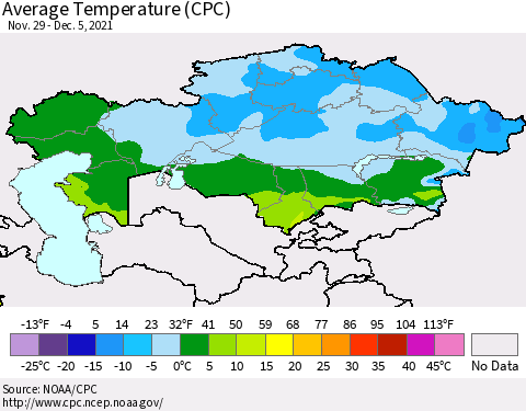 Kazakhstan Average Temperature (CPC) Thematic Map For 11/29/2021 - 12/5/2021