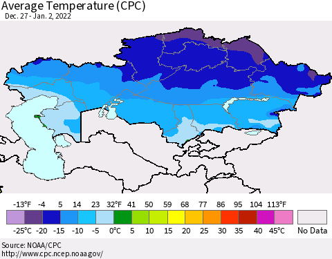 Kazakhstan Average Temperature (CPC) Thematic Map For 12/27/2021 - 1/2/2022