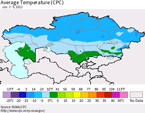 Kazakhstan Average Temperature (CPC) Thematic Map For 1/3/2022 - 1/9/2022