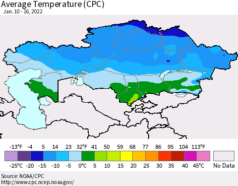 Kazakhstan Average Temperature (CPC) Thematic Map For 1/10/2022 - 1/16/2022