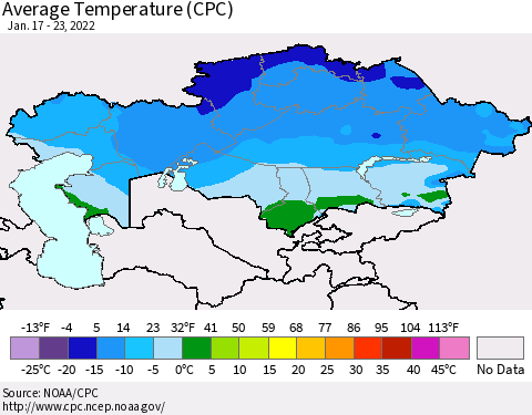 Kazakhstan Average Temperature (CPC) Thematic Map For 1/17/2022 - 1/23/2022
