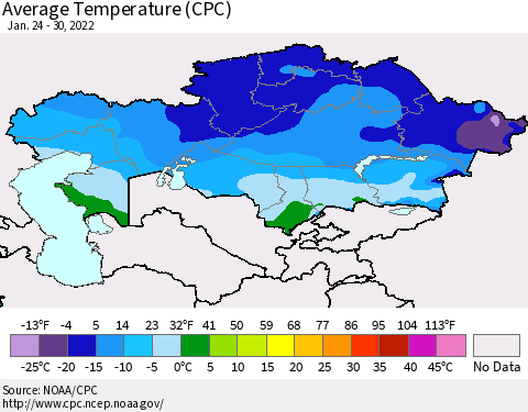 Kazakhstan Average Temperature (CPC) Thematic Map For 1/24/2022 - 1/30/2022