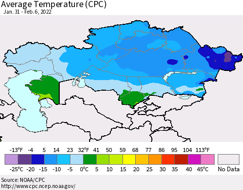Kazakhstan Average Temperature (CPC) Thematic Map For 1/31/2022 - 2/6/2022