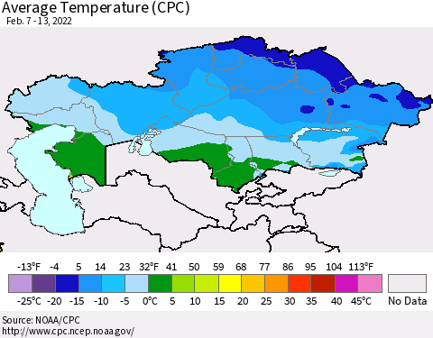 Kazakhstan Average Temperature (CPC) Thematic Map For 2/7/2022 - 2/13/2022