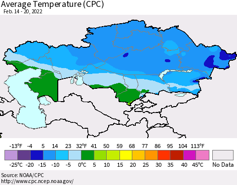 Kazakhstan Average Temperature (CPC) Thematic Map For 2/14/2022 - 2/20/2022