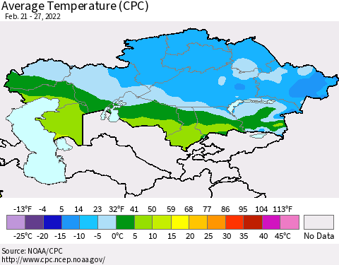 Kazakhstan Average Temperature (CPC) Thematic Map For 2/21/2022 - 2/27/2022