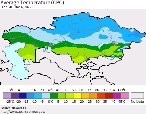 Kazakhstan Average Temperature (CPC) Thematic Map For 2/28/2022 - 3/6/2022