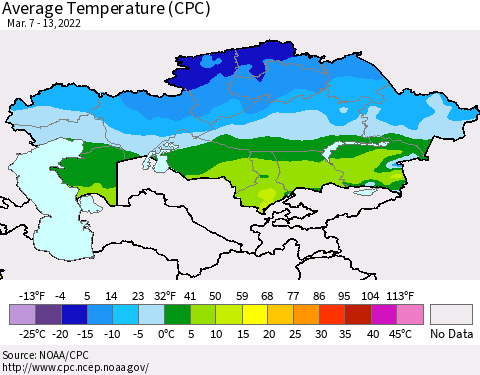 Kazakhstan Average Temperature (CPC) Thematic Map For 3/7/2022 - 3/13/2022