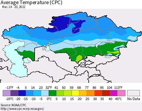 Kazakhstan Average Temperature (CPC) Thematic Map For 3/14/2022 - 3/20/2022
