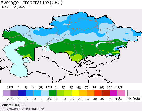 Kazakhstan Average Temperature (CPC) Thematic Map For 3/21/2022 - 3/27/2022