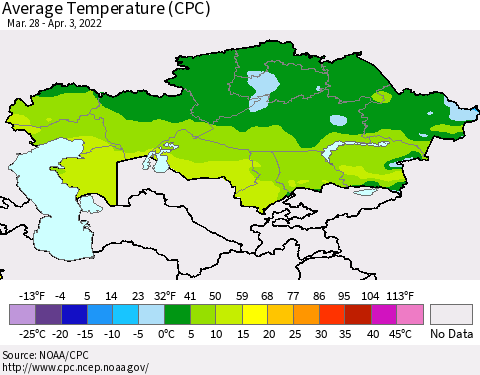 Kazakhstan Average Temperature (CPC) Thematic Map For 3/28/2022 - 4/3/2022