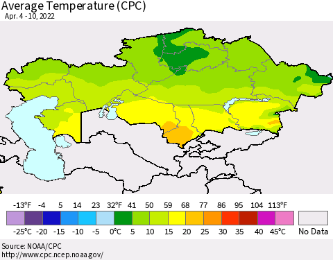 Kazakhstan Average Temperature (CPC) Thematic Map For 4/4/2022 - 4/10/2022