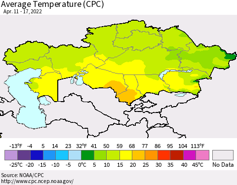 Kazakhstan Average Temperature (CPC) Thematic Map For 4/11/2022 - 4/17/2022