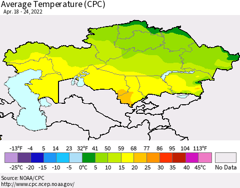 Kazakhstan Average Temperature (CPC) Thematic Map For 4/18/2022 - 4/24/2022