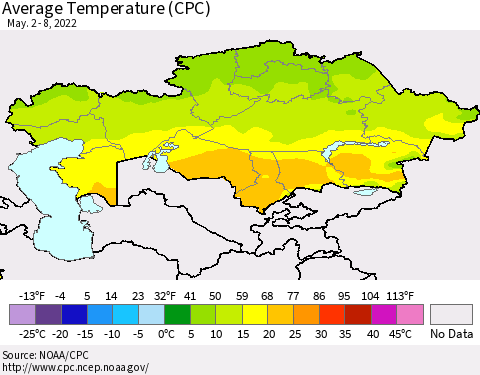 Kazakhstan Average Temperature (CPC) Thematic Map For 5/2/2022 - 5/8/2022