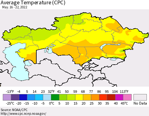 Kazakhstan Average Temperature (CPC) Thematic Map For 5/16/2022 - 5/22/2022