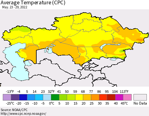 Kazakhstan Average Temperature (CPC) Thematic Map For 5/23/2022 - 5/29/2022