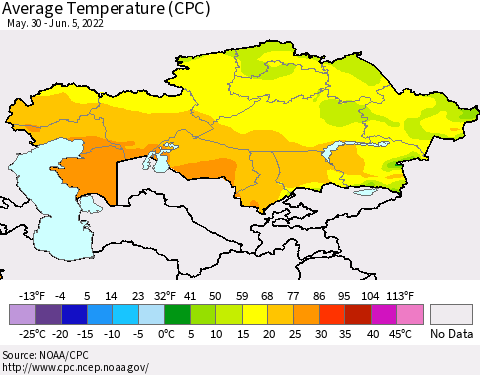 Kazakhstan Average Temperature (CPC) Thematic Map For 5/30/2022 - 6/5/2022