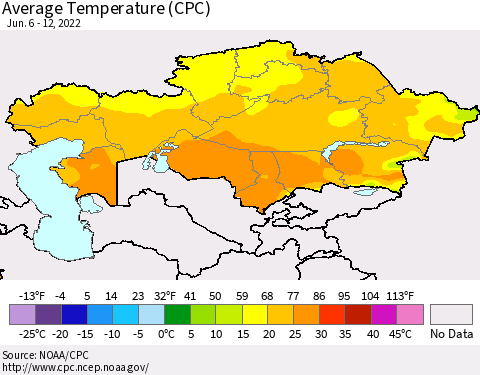 Kazakhstan Average Temperature (CPC) Thematic Map For 6/6/2022 - 6/12/2022