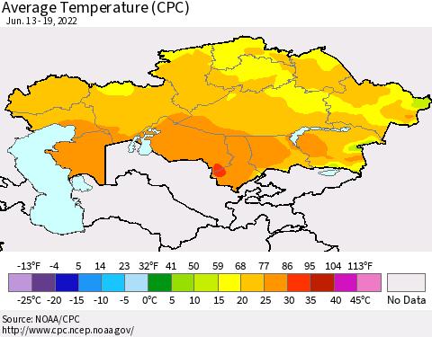 Kazakhstan Average Temperature (CPC) Thematic Map For 6/13/2022 - 6/19/2022
