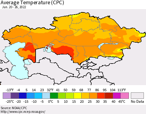 Kazakhstan Average Temperature (CPC) Thematic Map For 6/20/2022 - 6/26/2022