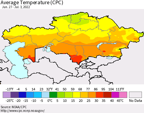 Kazakhstan Average Temperature (CPC) Thematic Map For 6/27/2022 - 7/3/2022