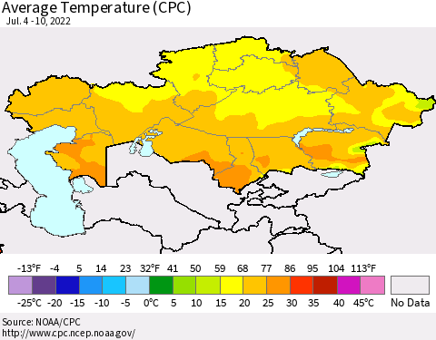 Kazakhstan Average Temperature (CPC) Thematic Map For 7/4/2022 - 7/10/2022