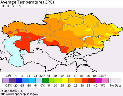 Kazakhstan Average Temperature (CPC) Thematic Map For 7/11/2022 - 7/17/2022