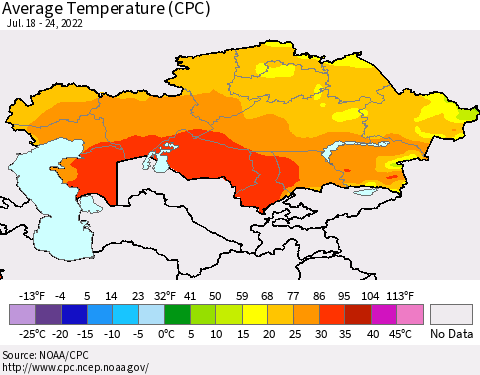 Kazakhstan Average Temperature (CPC) Thematic Map For 7/18/2022 - 7/24/2022