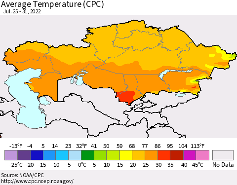 Kazakhstan Average Temperature (CPC) Thematic Map For 7/25/2022 - 7/31/2022