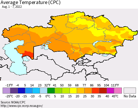 Kazakhstan Average Temperature (CPC) Thematic Map For 8/1/2022 - 8/7/2022