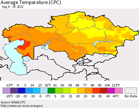 Kazakhstan Average Temperature (CPC) Thematic Map For 8/8/2022 - 8/14/2022