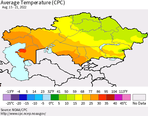 Kazakhstan Average Temperature (CPC) Thematic Map For 8/15/2022 - 8/21/2022