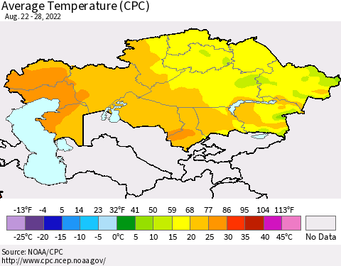 Kazakhstan Average Temperature (CPC) Thematic Map For 8/22/2022 - 8/28/2022