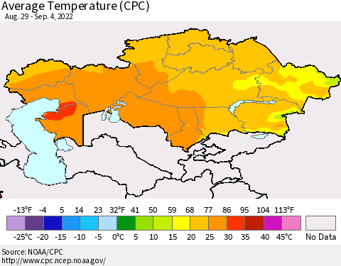 Kazakhstan Average Temperature (CPC) Thematic Map For 8/29/2022 - 9/4/2022