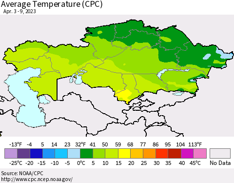 Kazakhstan Average Temperature (CPC) Thematic Map For 4/3/2023 - 4/9/2023