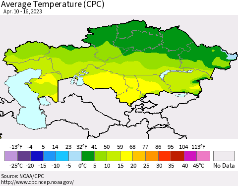 Kazakhstan Average Temperature (CPC) Thematic Map For 4/10/2023 - 4/16/2023