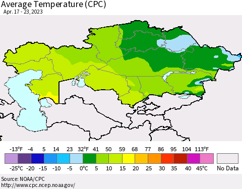 Kazakhstan Average Temperature (CPC) Thematic Map For 4/17/2023 - 4/23/2023