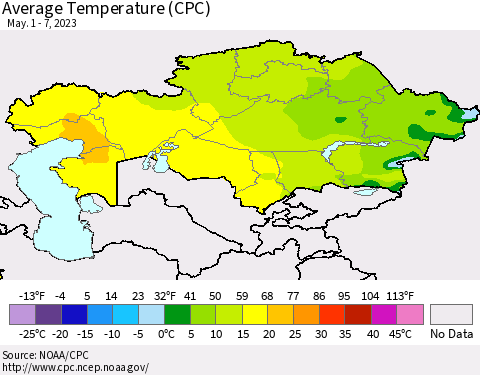 Kazakhstan Average Temperature (CPC) Thematic Map For 5/1/2023 - 5/7/2023