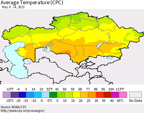 Kazakhstan Average Temperature (CPC) Thematic Map For 5/8/2023 - 5/14/2023