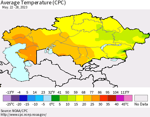 Kazakhstan Average Temperature (CPC) Thematic Map For 5/22/2023 - 5/28/2023