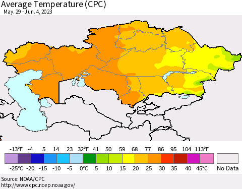 Kazakhstan Average Temperature (CPC) Thematic Map For 5/29/2023 - 6/4/2023