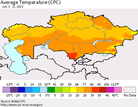 Kazakhstan Average Temperature (CPC) Thematic Map For 6/5/2023 - 6/11/2023