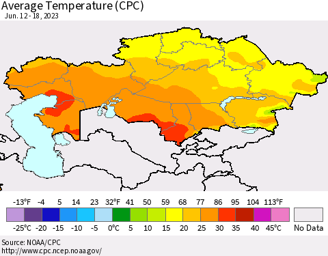 Kazakhstan Average Temperature (CPC) Thematic Map For 6/12/2023 - 6/18/2023