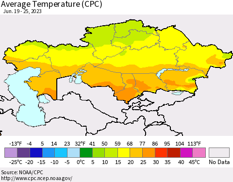 Kazakhstan Average Temperature (CPC) Thematic Map For 6/19/2023 - 6/25/2023