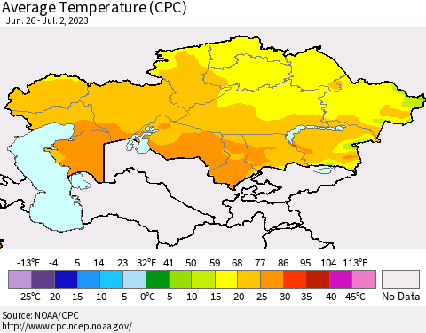 Kazakhstan Average Temperature (CPC) Thematic Map For 6/26/2023 - 7/2/2023