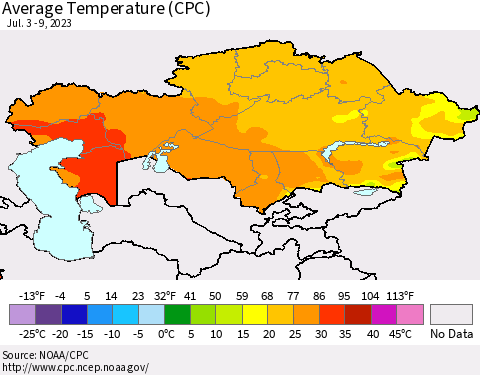 Kazakhstan Average Temperature (CPC) Thematic Map For 7/3/2023 - 7/9/2023