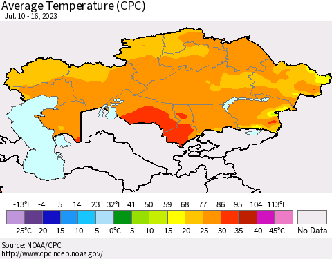 Kazakhstan Average Temperature (CPC) Thematic Map For 7/10/2023 - 7/16/2023