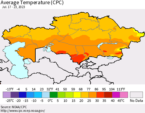 Kazakhstan Average Temperature (CPC) Thematic Map For 7/17/2023 - 7/23/2023