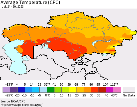 Kazakhstan Average Temperature (CPC) Thematic Map For 7/24/2023 - 7/30/2023